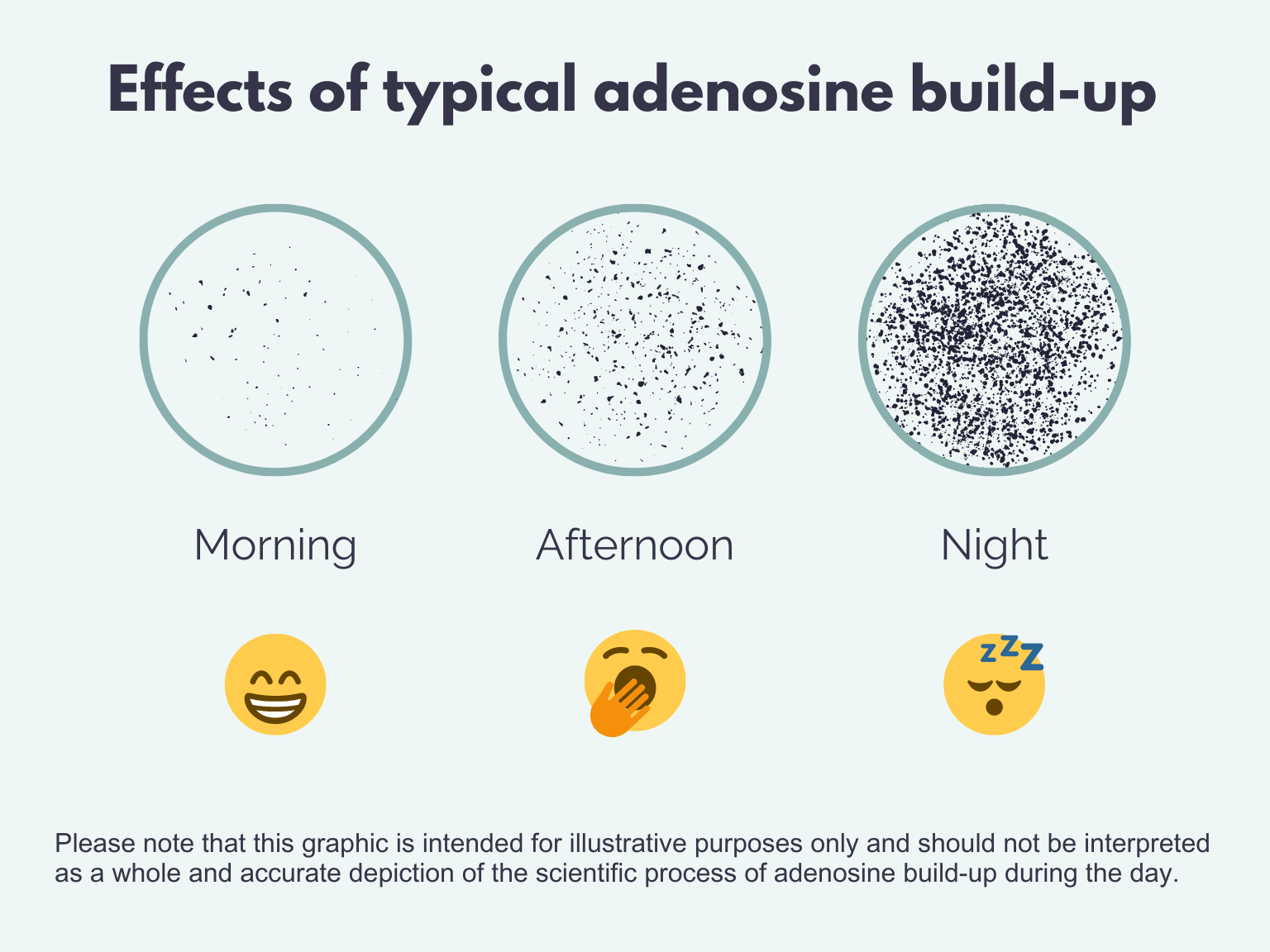 title: effects of typical adenosine build up. morning shows very little speckles and an awake emoji. afternoon shows more specks and a tired emoji. Night shows a lot of specs and a sleeping emoji. Note at bottom: Please note that this graphic is intended for illustrative purposes only and should not be interpreted as a whole and accurate depiction of the scientific process of adenosine build-up during the day.