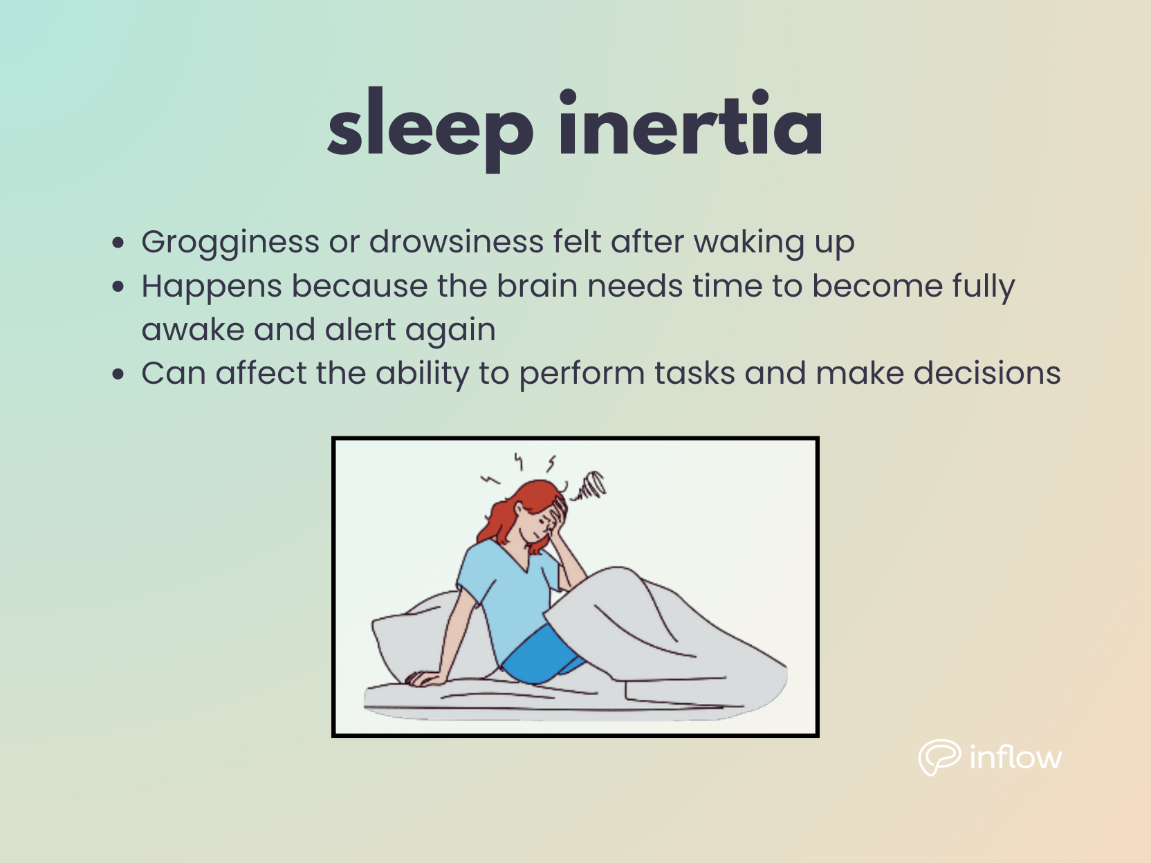 sleep inertia: Grogginess or drowsiness felt after waking up, Happens because the brain needs time to become fully awake and alert again, Can affect the ability to perform tasks and make decisions. image shows a person in bed looking tired.  