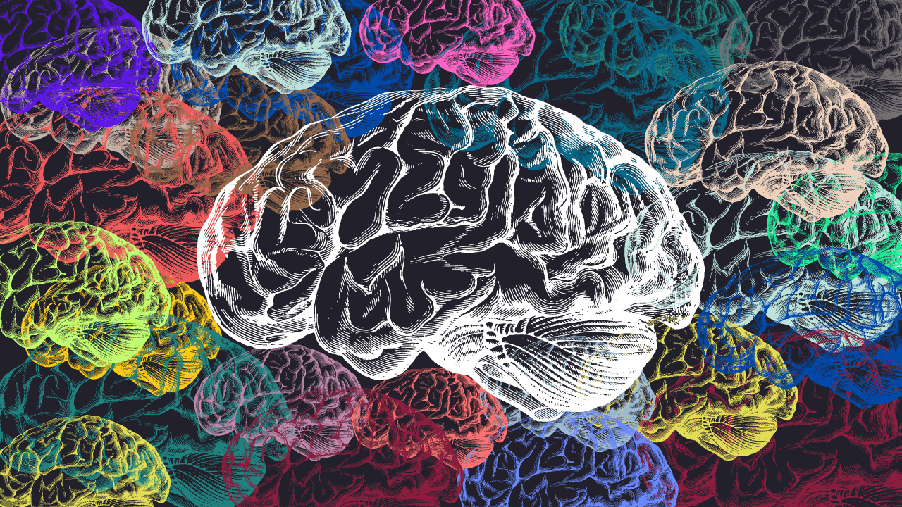 Colorful drawings of brains with a dark background.