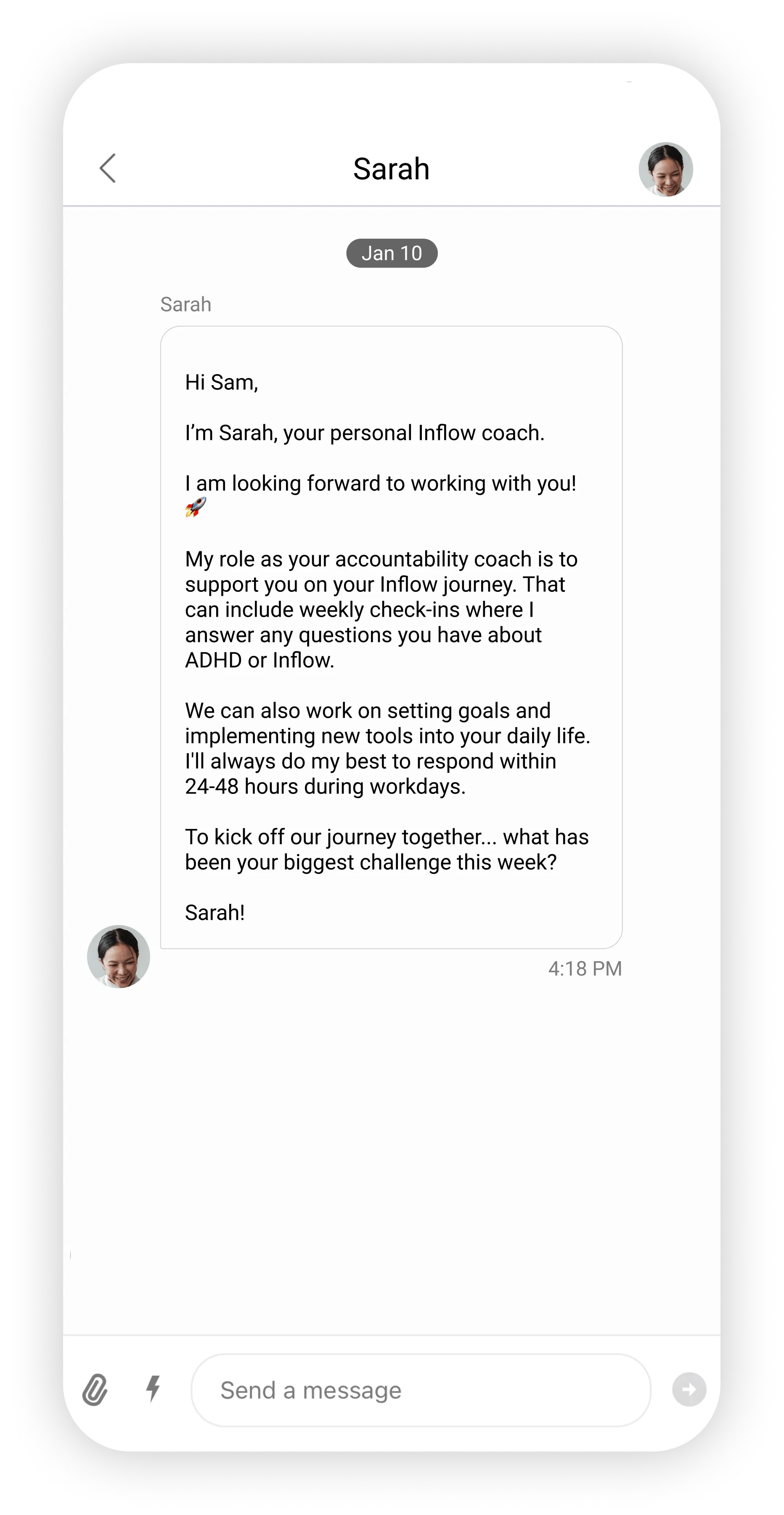 Inflow app screenshot with a message from an ADHD coach