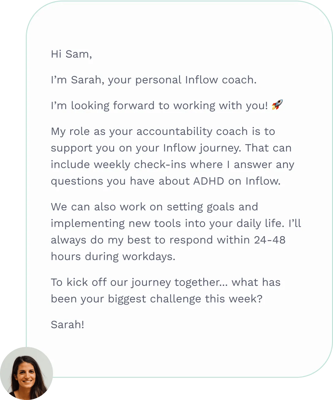 Screenshot of a message from an accountability ADHD coach on the Inflow app