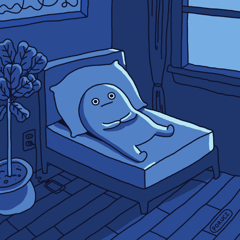 Potato shaped character lying in the dark, not able to sleep.
