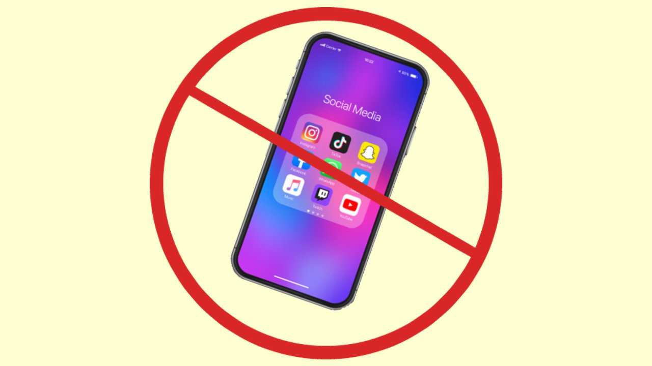 an iphone with social media apps showing on the screen.  a large x is covering the phone