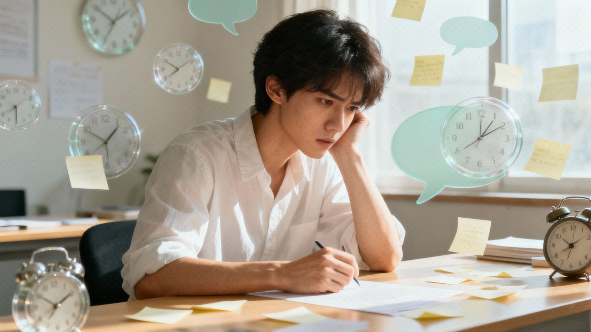 A person sitting quietly in a cafe, looking thoughtful, with a sense of calm on the outside but hinting at a busy inner world.