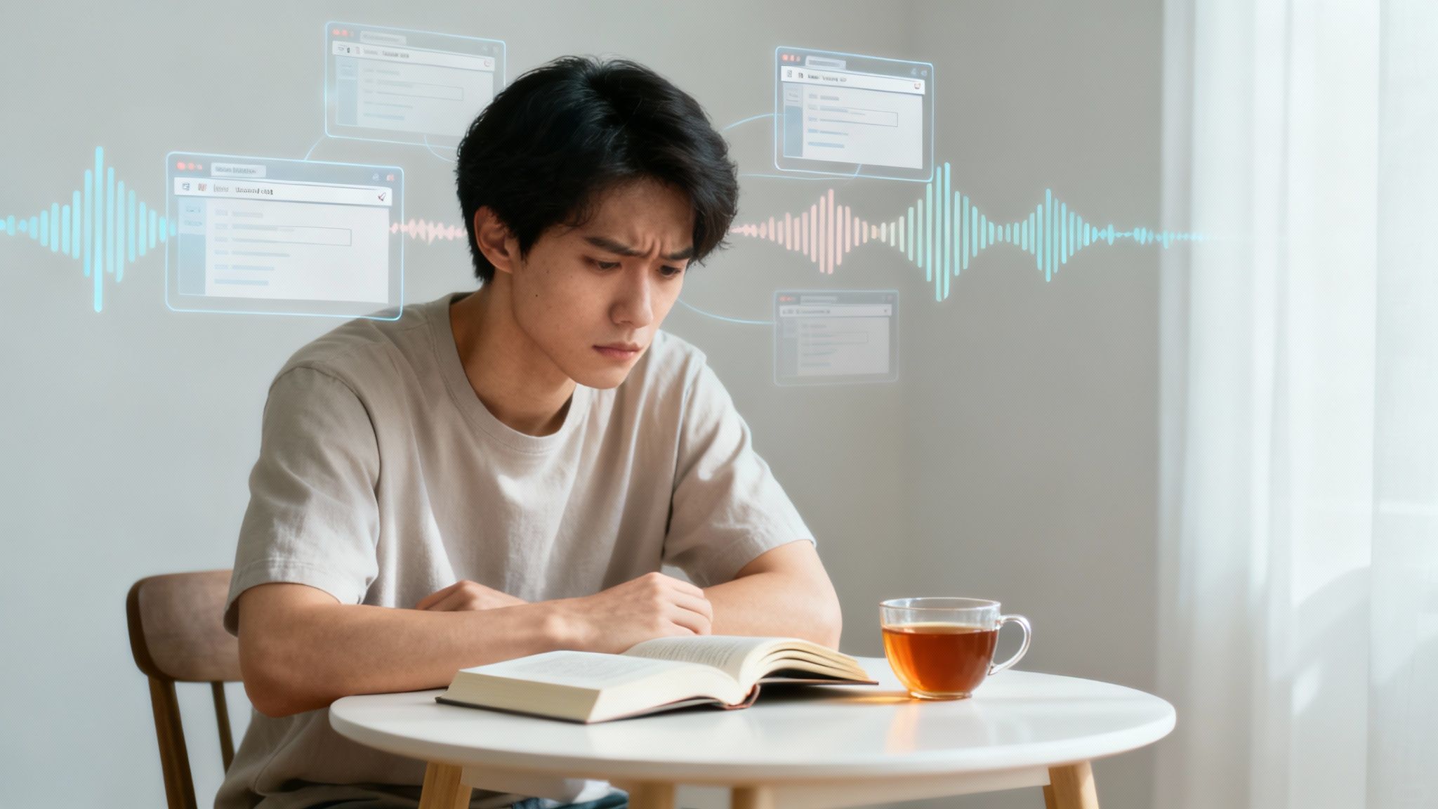 A person sitting on a stack of books, looking thoughtful and slightly overwhelmed.