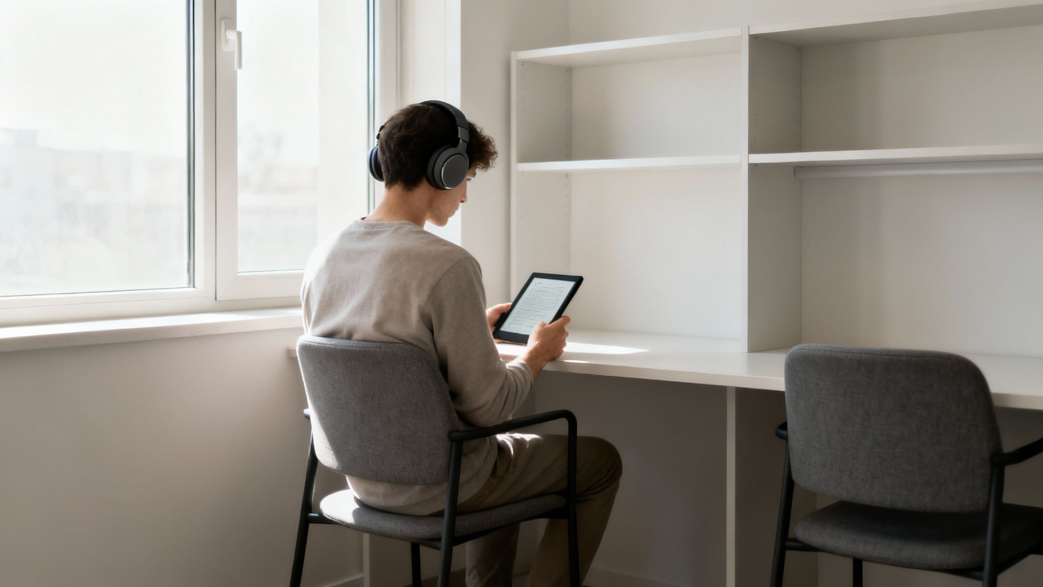 A cozy, minimalist reading nook with soft lighting, a comfortable chair, and noise-canceling headphones resting on a small table.