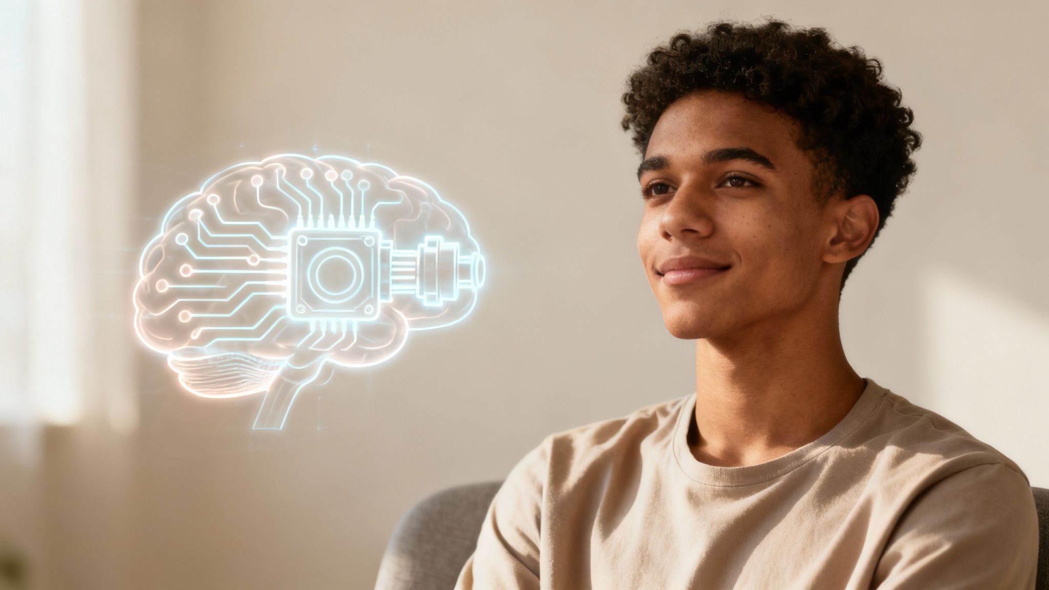 A person sitting calmly on a sofa, looking thoughtful and empowered in a brightly lit, modern living room.