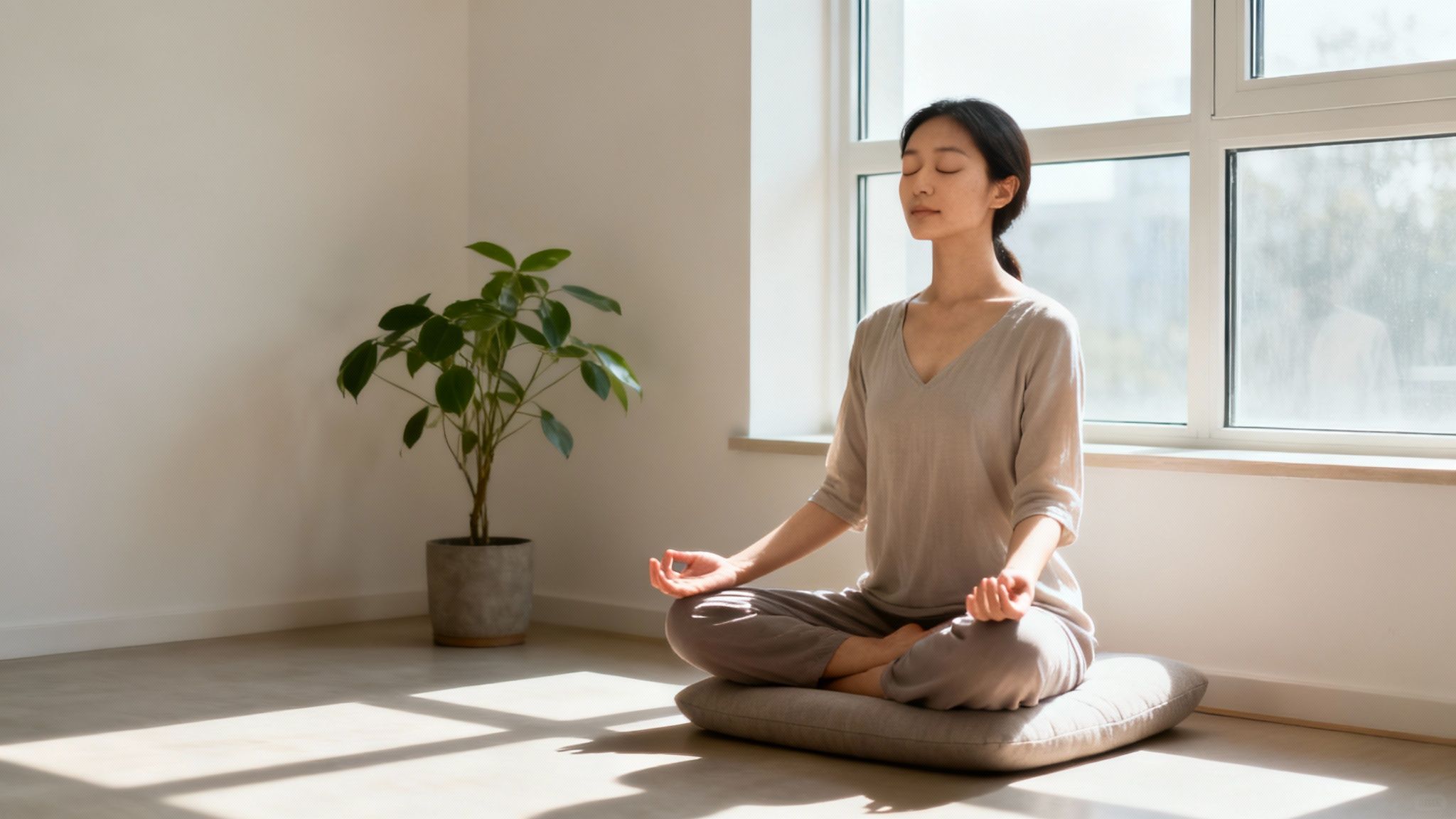 A person sitting on a yoga mat in a calm, mindful pose, with soft natural light filtering into the room.