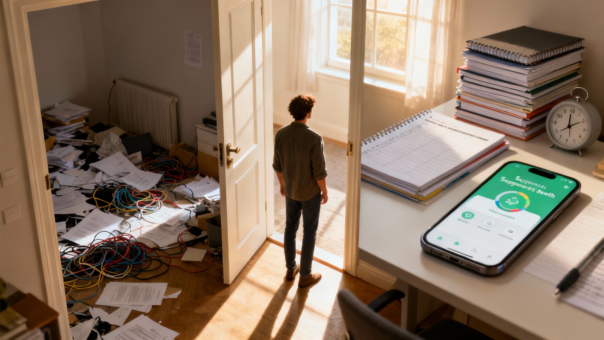 A man stands in a doorway between a cluttered, chaotic room and a calm, organized space with notebooks, a phone app, and a clock.
