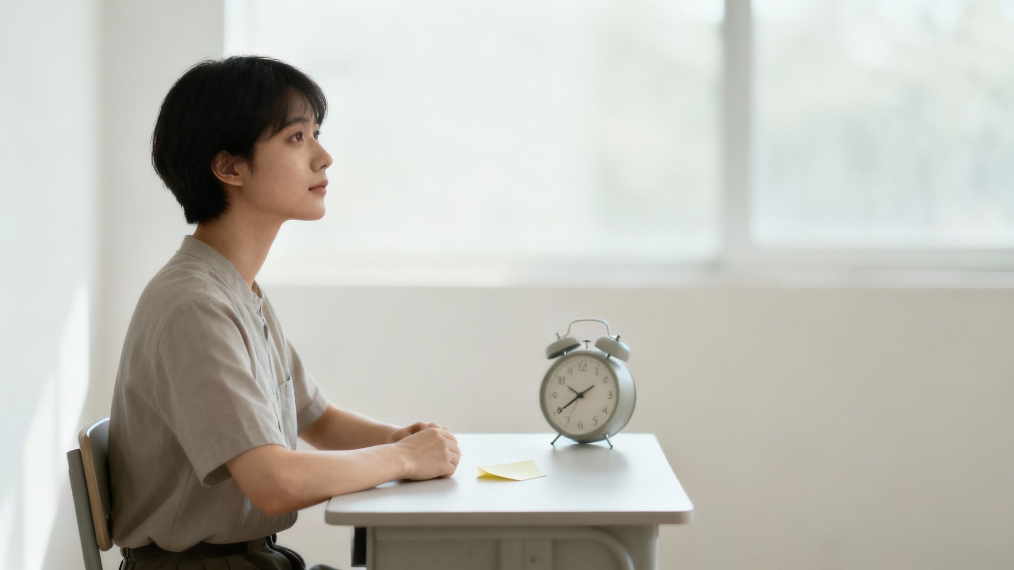 A person sitting at a desk with scattered papers, looking thoughtful and slightly overwhelmed.