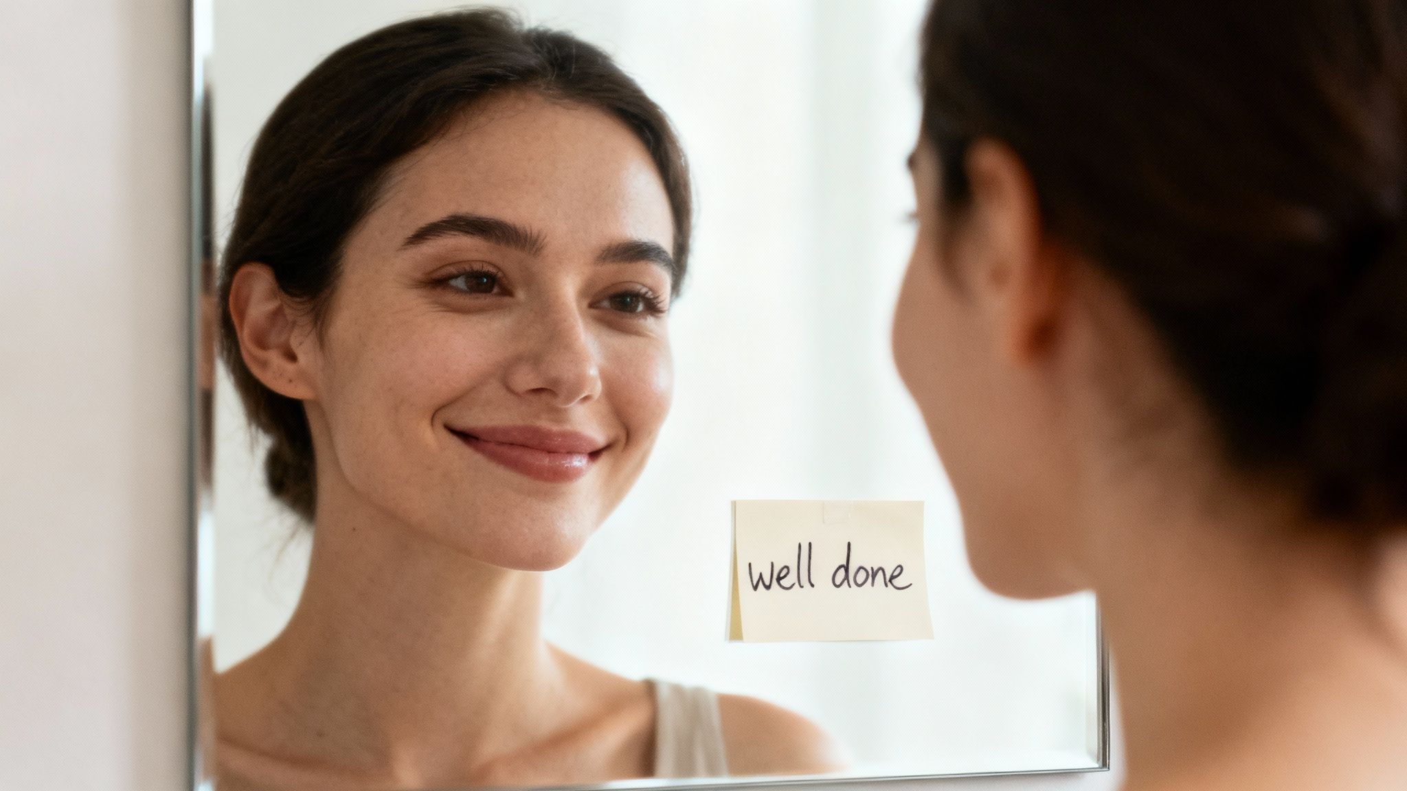 A person sitting calmly with a cup of tea, looking out a window with a gentle, reflective expression.