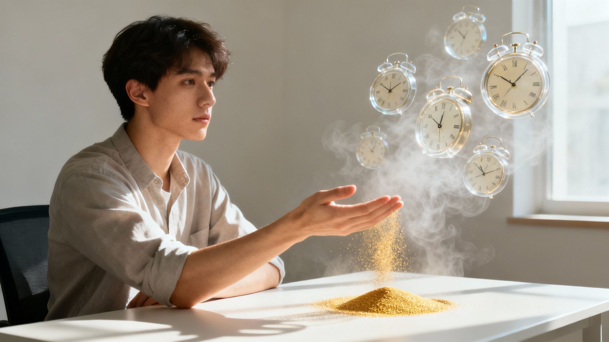 A young man sits at a table, letting sand fall from his hand as floating clocks surround him, symbolizing time slipping away.