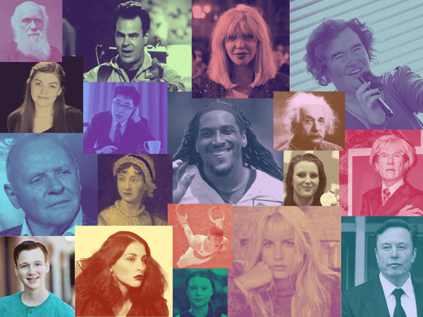 A colorful collage of celebrities with autism. Featured autistics include Anthony Hopkins, Susan Boyle, Elon Musk, Andy Warhol, Daryl Hannah, Courtney Love, Greta Thunberg, Dan Aykroyd, Albert Einstein, and Jane Austen.